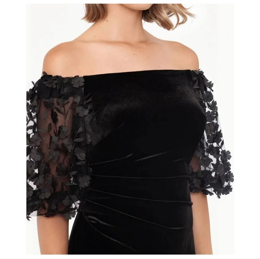Xscape Womens Black‎ Velvet Floral Puff Sleeve Evening Gown SIZE 6